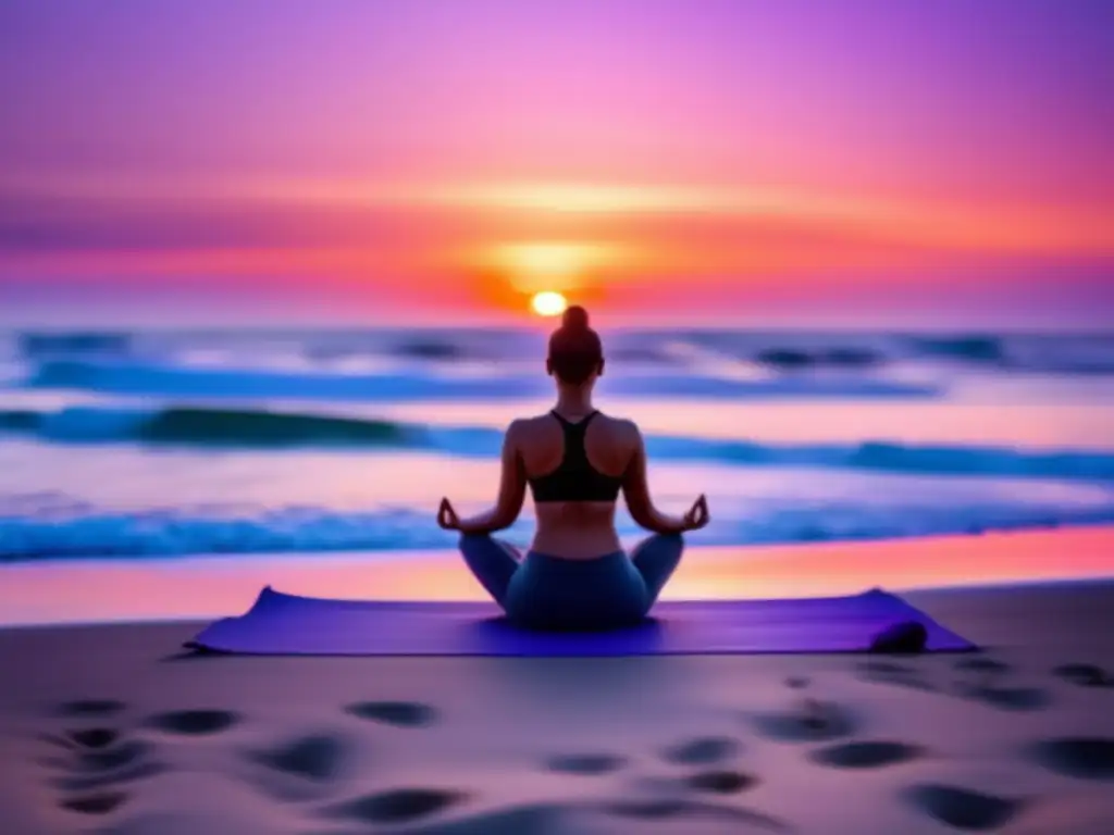 Beneficios del yoga en la playa: Practicante de yoga meditando frente al mar al amanecer