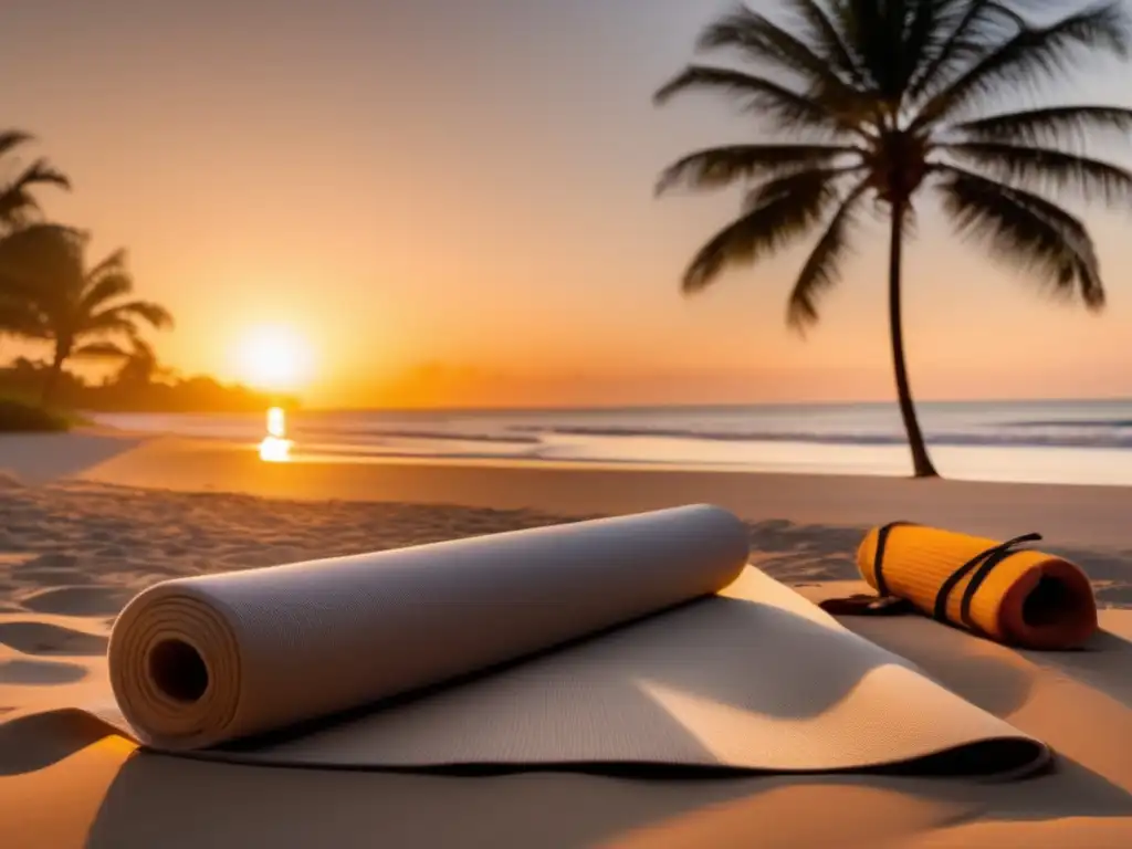 Consejos de yoga en la playa, imagen de una escena tranquila con playa, palmeras, yoga mat y atardecer