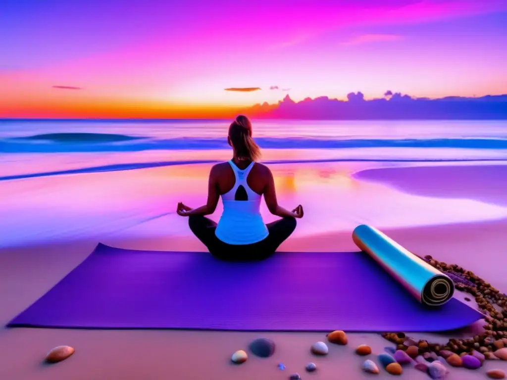 Un tranquilo yoga en la playa con hermosos colores del atardecer, rodeado de naturaleza y serenidad