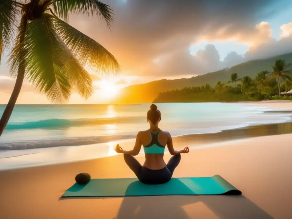 Yoga al aire libre para flexibilidad: playa serena al amanecer con practicante de yoga