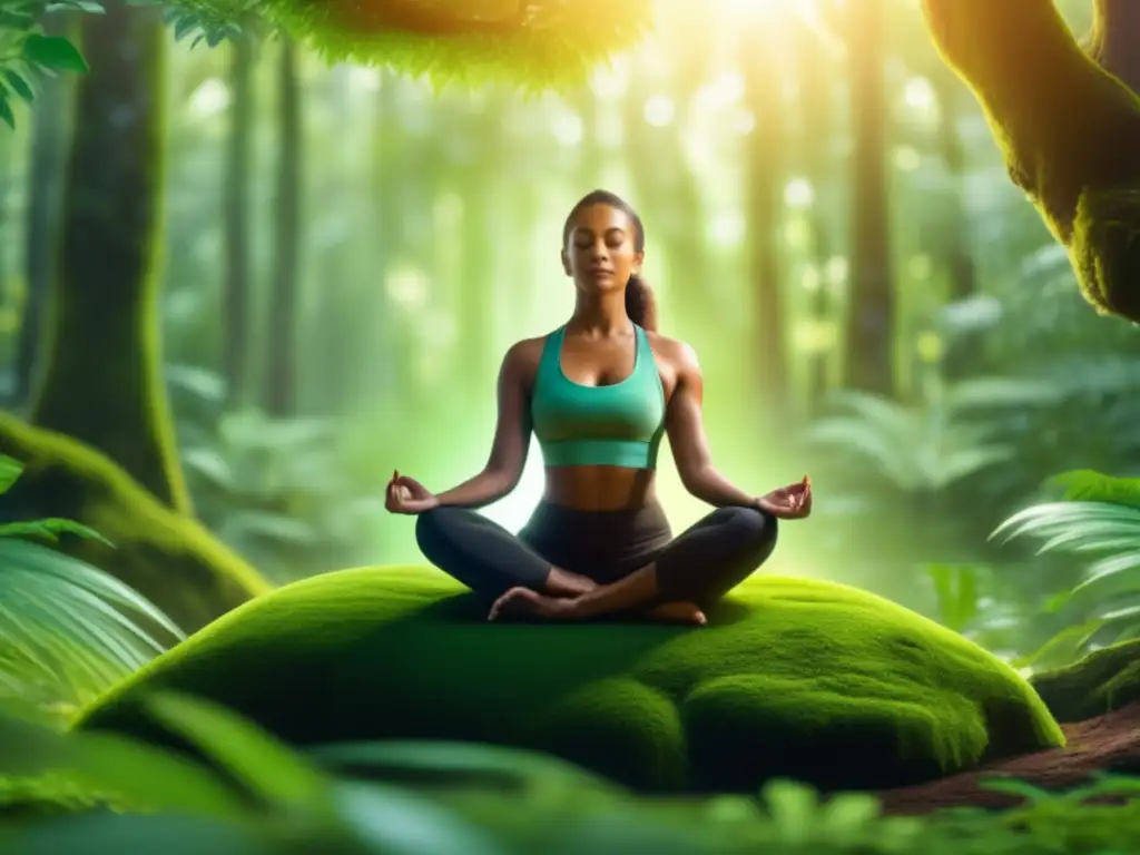 Practicante de yoga meditando en bosque, conexión naturaleza y espiritualidad, beneficios del contacto con naturaleza en yoga y meditación